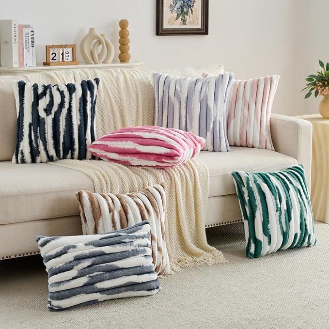 FUTEI Dark Green Decorative Throw Pillow Covers 26x26 Inch Set of 2,Soft Tie-Dye Faux Rabbit Fur Striped Texture Euro Pillow Sham, Modern Home Decor for Couch Bed Living Room