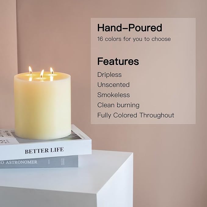 MOZEAL Extra Large 3 Wick Ivory Pillar Candle, 6" x 6", Unscented, Dripless, Smokeless, and Clean-Burning. Approx. 120 Hours of Burn Time. Perfect for Weddings, Dinners, Christmas and Home Decor