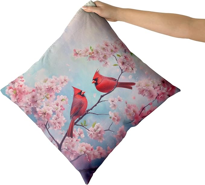 Giwawa Spring Birds Pillow Covers Set of 2, Cherry Blossom Floral Cushion Covers 20x20in, Watercolor Flowers Soft Cotton Throw Pillow Cases for Sofa Couch Patio Bedding Seasonal Decoration
