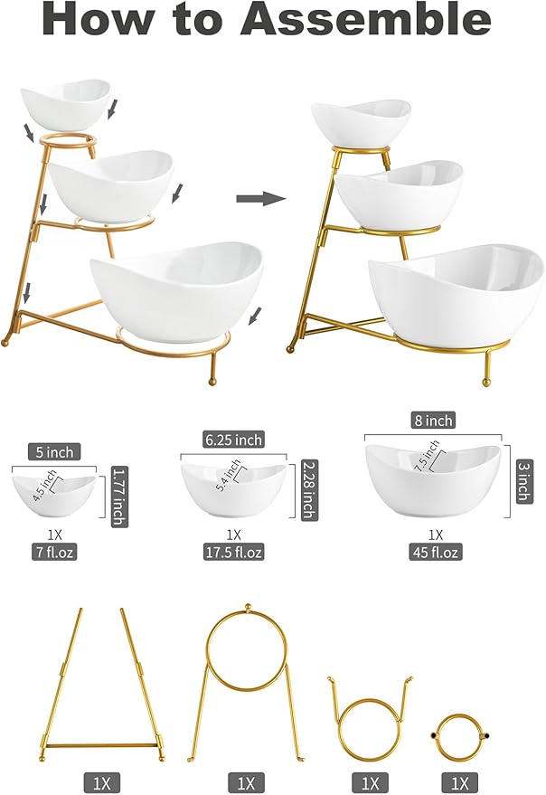 LAUCHUH 3 Tier Serving Stand Serving Dishes for Entertaining Porcelain Oval Bowl Set Tiered Serving Tray for Fruit, Vegetable, Nuts, Salad, Chip Dip Bowl Set for Thanksgiving, Christmas, Gold