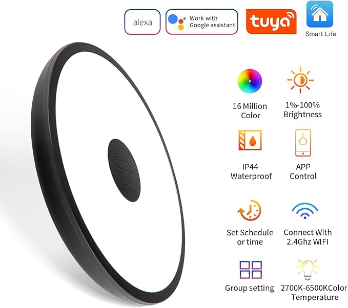 Black Smart Waterproof LED Flush Mount Ceiling Light Fixture,18W,with Bluetooth Speaker,RGB Color Changing Function-Dimmable Lamp,Tuya Application Control-Compatible with Alexa Google Home