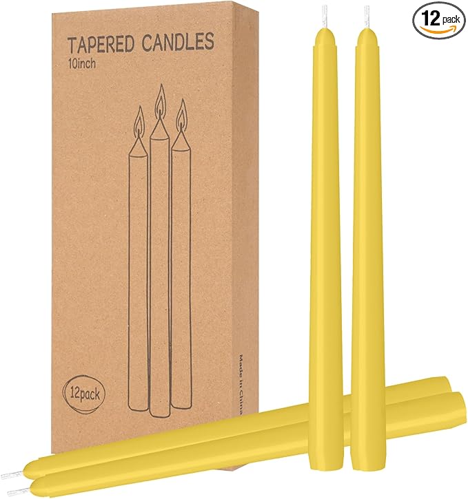 12 Pack Yellow Taper Candles - Taper Candles 10 Inch Dripless, Smokeless & Unscented - 8 Hours Long Burning - Ideal for Weddings, Dinner Parties, and Home Decor