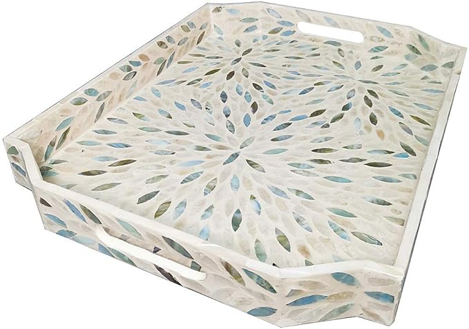 i-lan Mother of Pearl Inlay Serving Tray with Handles for Cocktail Ottoman,Coffee Table,Large Polygon Vintage Handcrafted Wooden Decorative Tray for Party, Food Serving, Breakfast, Dinner, Appetizers
