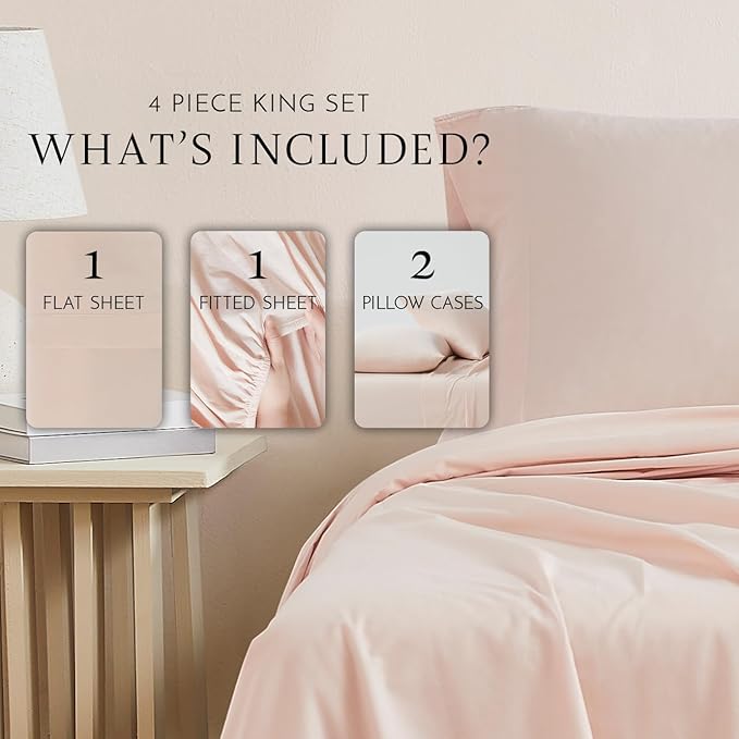 Linen Closet 100% Organic Cotton King Sheet 4 Pcs Set – Crisp Percale, Lightweight & Breathable– Light Pink Bed Sheets,Deep Pocket up to 18”– Naturally Cooling, Soft, Eco-Friendly,All Season Comfort