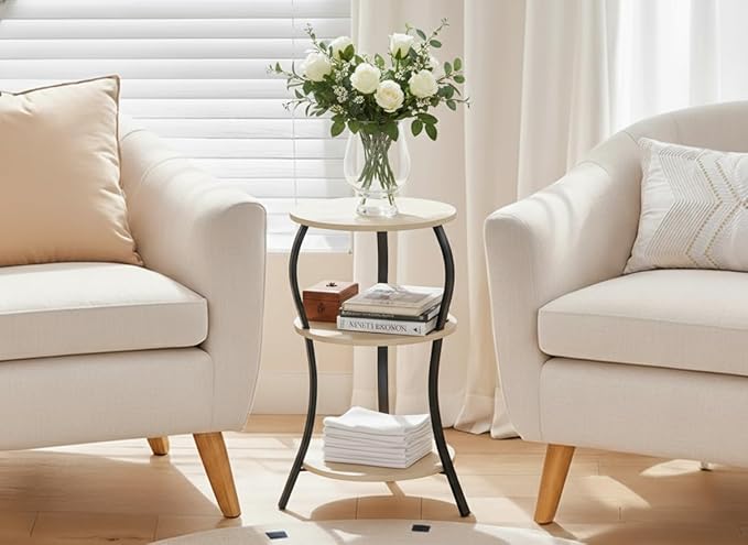 Vintage Small Round Side Table, 3-Tier Slim Waist Circular End Table with Storage Shelf, Compact Tea Sofa Side Table, Round Corner Coffee Table Nightstand for Living Room Bedroom Small Spaces,Oak