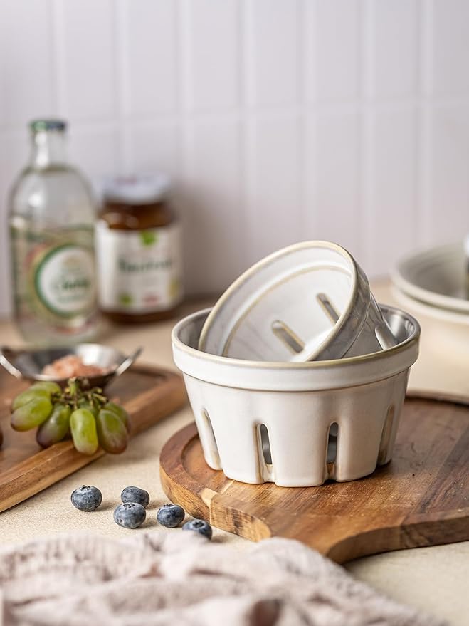 Gomakren Ceramic Fruit Basket Set of 2, Round Fruit Bowl with Holes, Small Berry Basket Containers for Kitchen Counter, Berries, Strawberry, Grape, Cherry, White