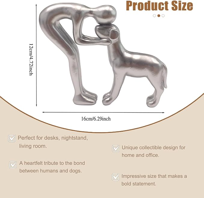 Dog Statues Home Decor Funny Man and Dog Sculpture Decorations for Home Bedroom Living Room Tabletop Bookshelf, Hand-Painted Resin Dogs Memorial Gifts Figurines for Pet Lovers, Silver