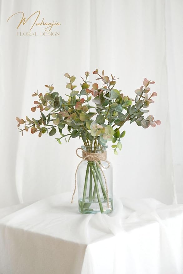 Artificial Eucalyptus Stems in Glass Vase with Faux Water,6Pcs Grey-Orange Fake Plant for Centerpiece (Grey-Orange Eucalyptus)