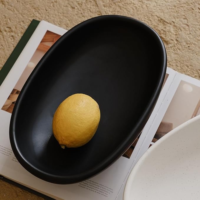 WENSHUO Three-Legs Ceramic Fruit Bowl for Kitchen Counter, Decorative Bowl for Table Décor, 10-inch Oval Large Bowls for Breads (Black)