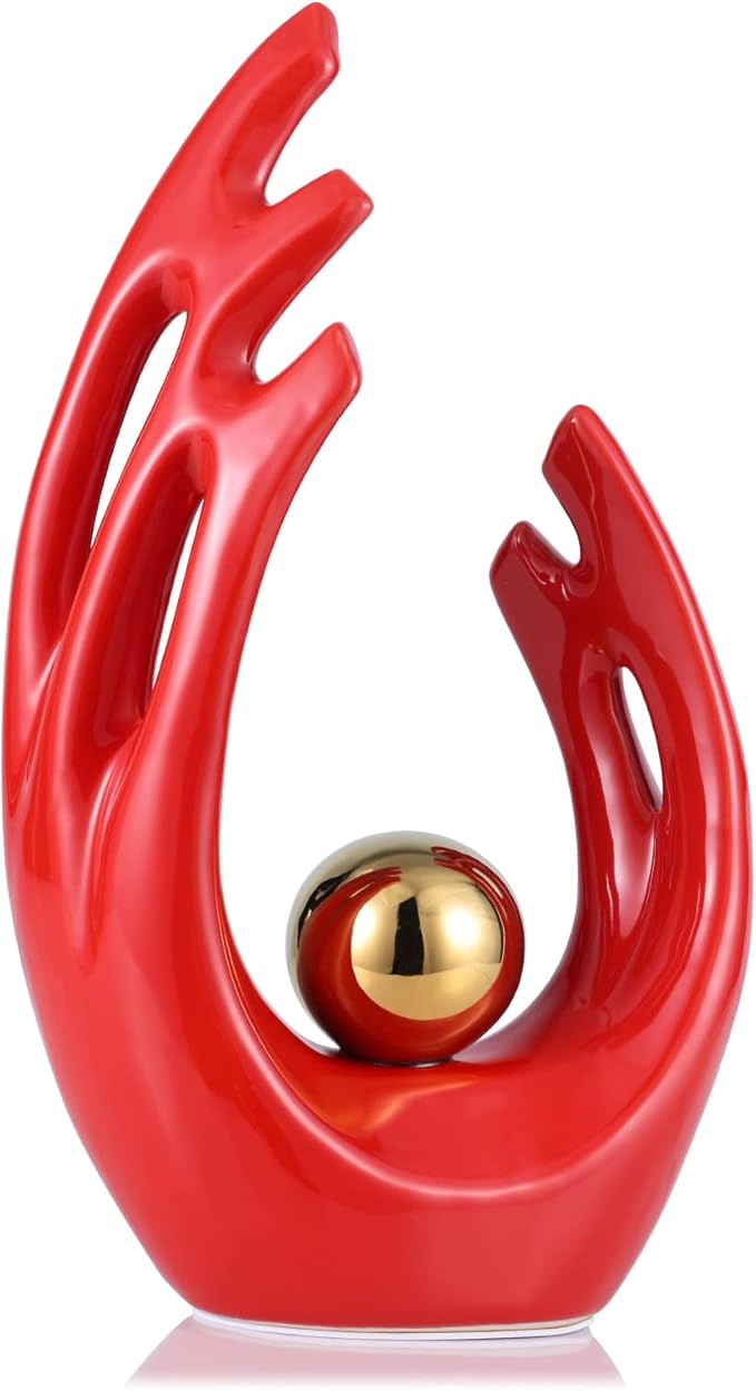 12" H Red Gold Aesthetic Room Decor Accent, TV Stand Funky Table Centerpiece, Abstract Art Ceramic Statue and Sculpture, Red Decor for Living Room, Bookshelf Decorative Objects, Shelf Decor