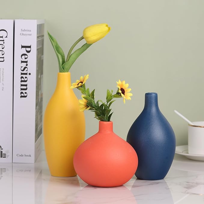Ceramic Vase Set of 3, Minimalist Yellow, Orange, Blue Vases - Modern Farmhouse, Living Room, Shelf and Entryway Decor