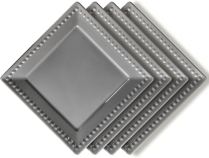 Embossed Appetizer and Dessert Plates, Set of 4, 6 inch Grey Square Dinner Plates for Snack and Restaurant, Dishwasher, Microwave Safe