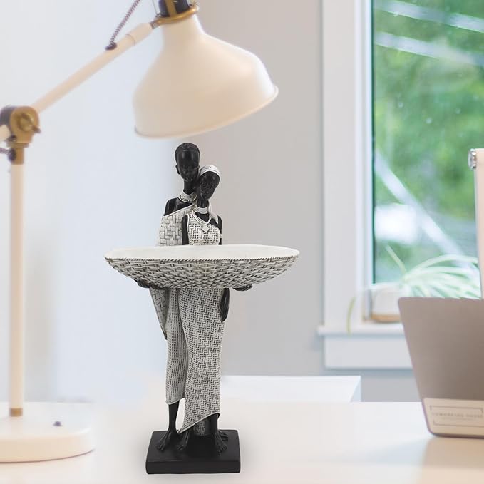 Ivory White African Couple Statue - Minimalist Standing Figure with 7.8" Basket, Resin Home Decor for Small Items, Neutral Shelf Accent (12.5" H)