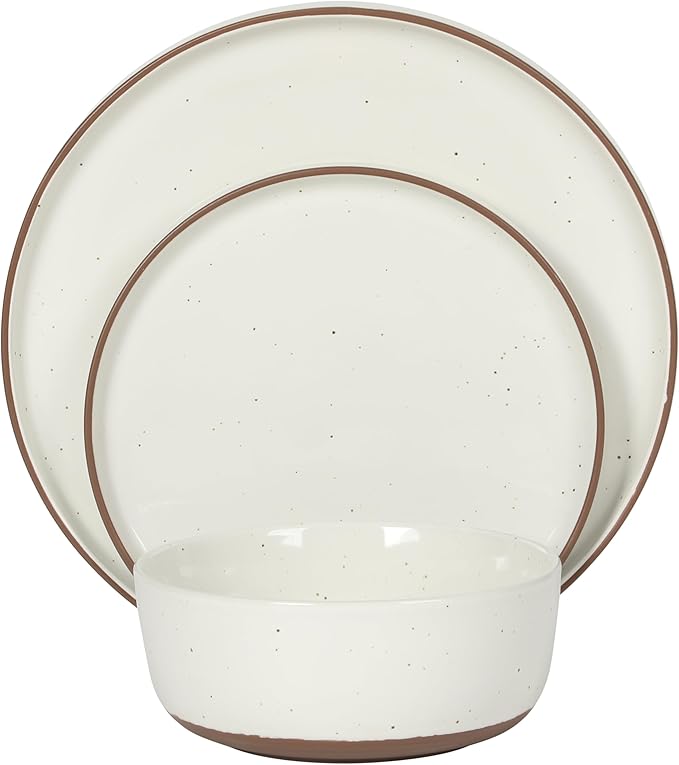 Gibson Elite Northrock Stoneware Dinnerware Set, 16-Piece Service for 4 Plates and Bowls Set – White Dishes with Hand-Painted Terracotta Base