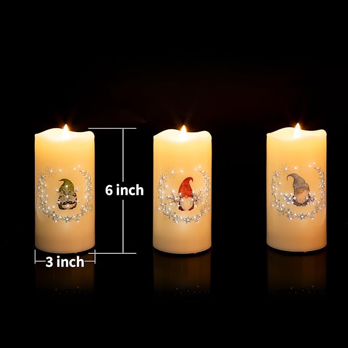 Eywamage Gnomes Christmas Fiber Optic Flameless Candles with Remote, Snowflakes Flickering LED Battery Pillar Candles Set of 3