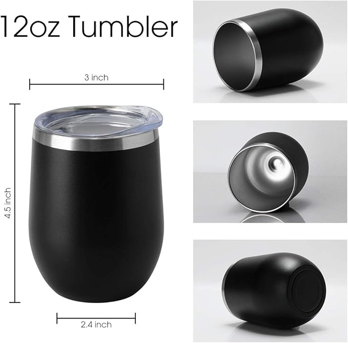 HASLE OUTFITTERS 12oz Wine Tumbler with Lid Stemless Wine Glasses Double Wall Vacuum Travel Mugs stainless steel Coffee Cup for Cold & Hot Drinks Wine Coffee Cocktails Beer (12oz-Black, 1 Pack)