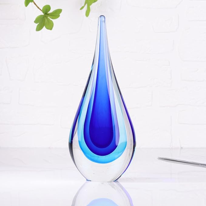 DOVDOV Blown Glass Sculpture, Blue Glass Art Collectible Statue, Unique Teardrop Ornament, Suitable for Office, Bookshelf, Dressing Table, Living Room Coffee Table, or Mantelpiece Display.