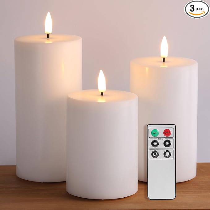 Eywamage White Real Wax Flameless Pillar Candles with Remote, Flickering Flat Top LED Battery Candles Set of 3