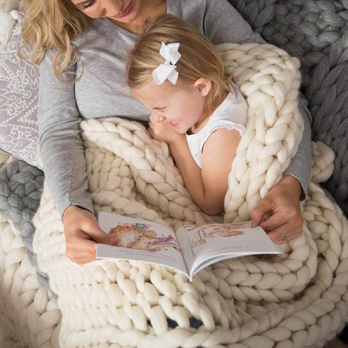 Chunky Knit Blanket Hand Made Merino Wool Throw Boho Bedroom Sofa Home Decor Giant Yarn(Ivory White 60"x60")