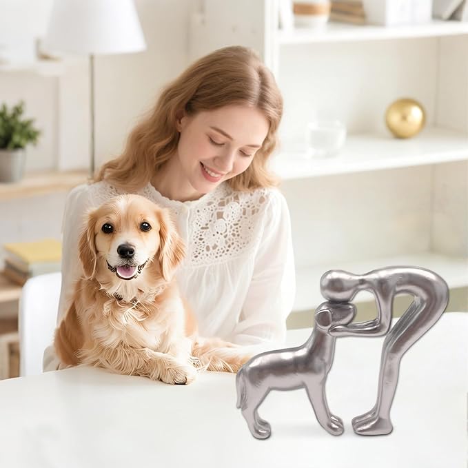Dog Statues Home Decor Funny Man and Dog Sculpture Decorations for Home Bedroom Living Room Tabletop Bookshelf, Hand-Painted Resin Dogs Memorial Gifts Figurines for Pet Lovers, Silver