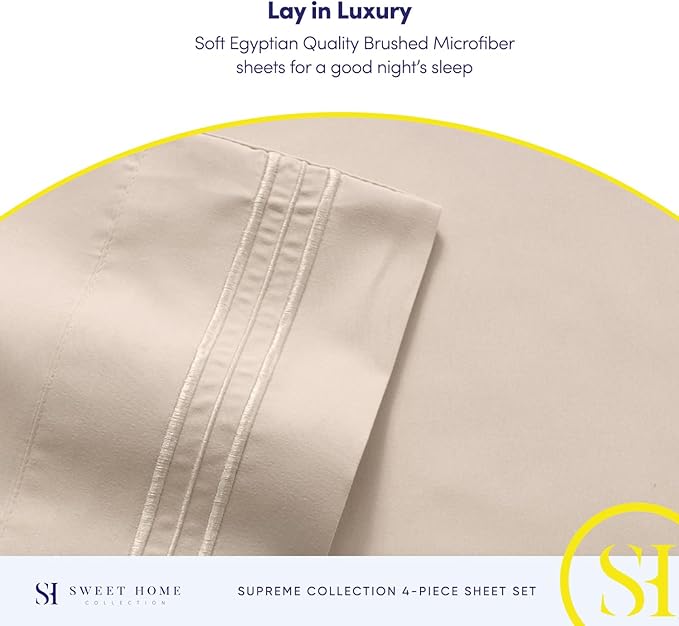 Twin XL Sheets - Breathable Luxury Sheets with Full Elastic & Secure Corner Straps Built In - 1800 Supreme Collection Extra Soft Deep Pocket Bedding Set, Sheet Set, Twin XL, Beige