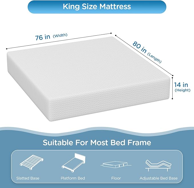 PayLessHere 14 Inch King Mattress Base Foam Mattress,Removable Soft Cover,Bunk Bed, Trundle, Daybed,White，Fiberglass Free