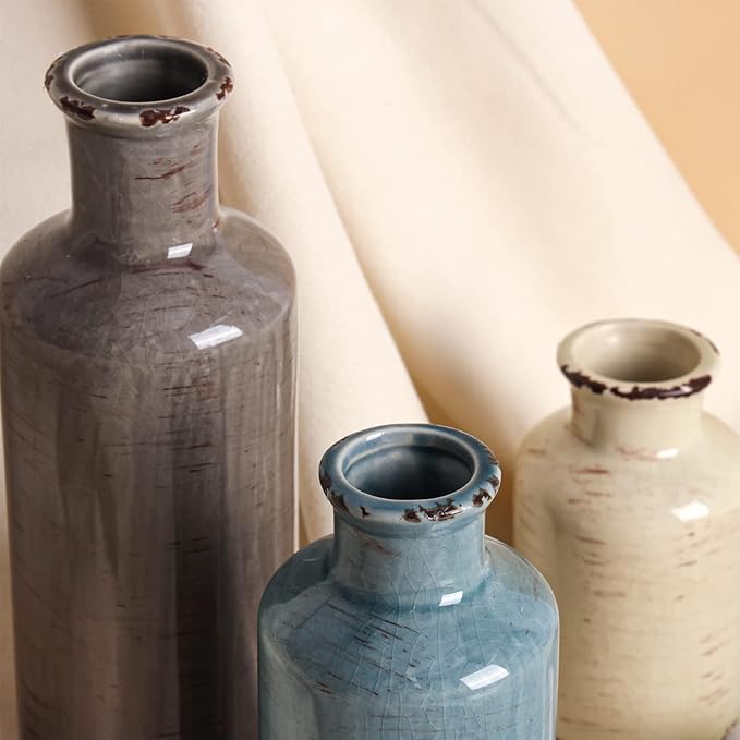 CUCUMI Ceramic Flower Vases Set of 3, Rustic Coastal Home Decor for Farmhouse Shelves, Ocean Beach Style, Mantle, Fireplace, Coffee Table, Shelf for Living Room