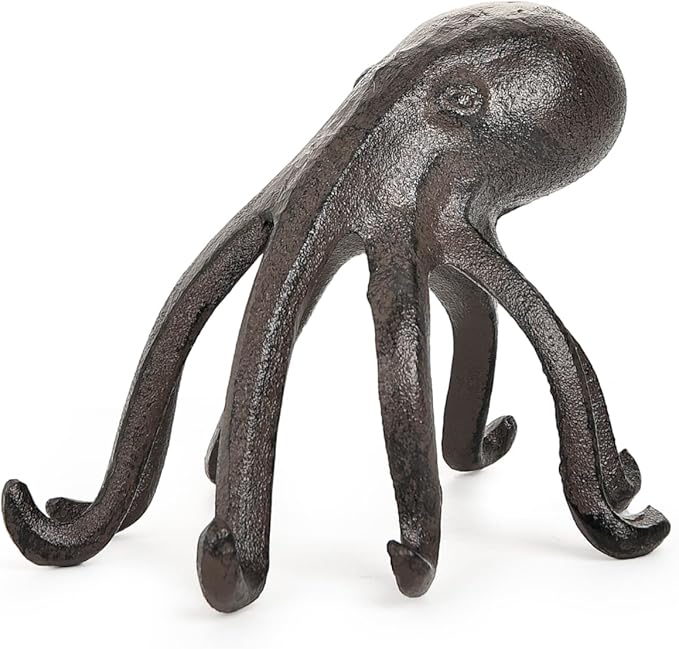 Sungmor Cast Iron Octopus Statue, Decorative Bookend, Cute Sculpture on Bookshelf or Desk, Creative Cell Phone Holder, Octopus Stand for Tablet, Black Brown