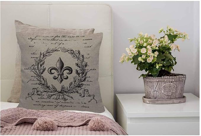 WONDERTIFY Throw Pillow Cover Case Fleur De Lis Flower Vintage Style with Retro Letter - Soft Linen Pillow Case for Decorative Bedroom/Livingroom/Sofa/Car - Couch Pillow Cushion Covers 18x18 Inch