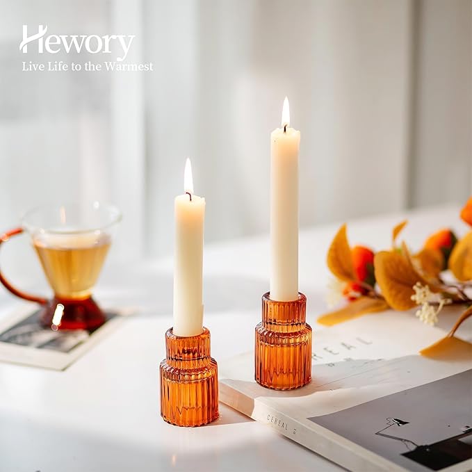 Hewory Glass Taper Candle Holders: 10 PCS Amber Elegant Candle Holder Candlestick Holders Bulk, Ribbed Glass Candle Holder Candle Sticks Holder Decor for Table Centerpiece Fall Thanksgiving Home Decor