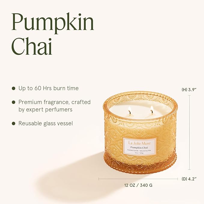 LA JOLIE MUSE Fall Candles – Pumpkin Candle with Spicy Chai & Vanilla | 12 oz Double Wick Soy Candle | 60 Hours Clean Burn | Autumn Home Décor & Hosting Gift