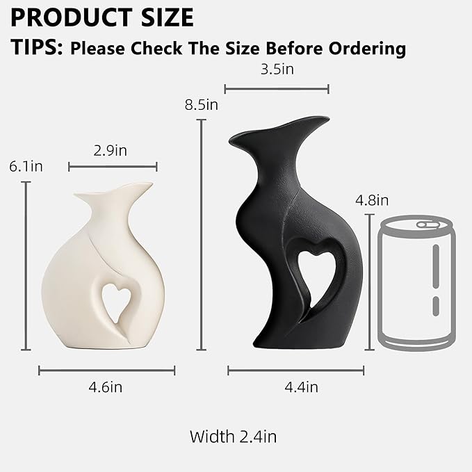 Black and White Vase Heart Shape Ceramic Vase Set of 2,Modern Boho Hollow Flower Vases,Nordic Aesthetic Decor,Decorative Vases for Room,Home Book Shelf,Fireplace,Table Decor