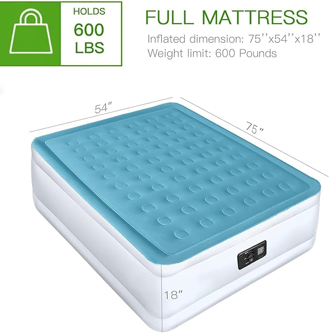 YENING Full Size Air Mattress with Built in Pump Raised Double Blow up Bed Inflatable Camping Airbed Electric 18 Inch Tall Blue