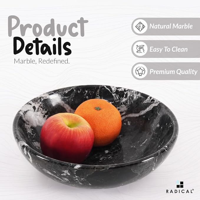 Radicaln Marble Fruit Bowl 10" Inches Black Handmade Decorative Bowl, Fruit Basket for Kitchen Counter, Dining Table Centerpiece, Home Décor Accent, Modern Bowl for Candy, Keys, or Fruits