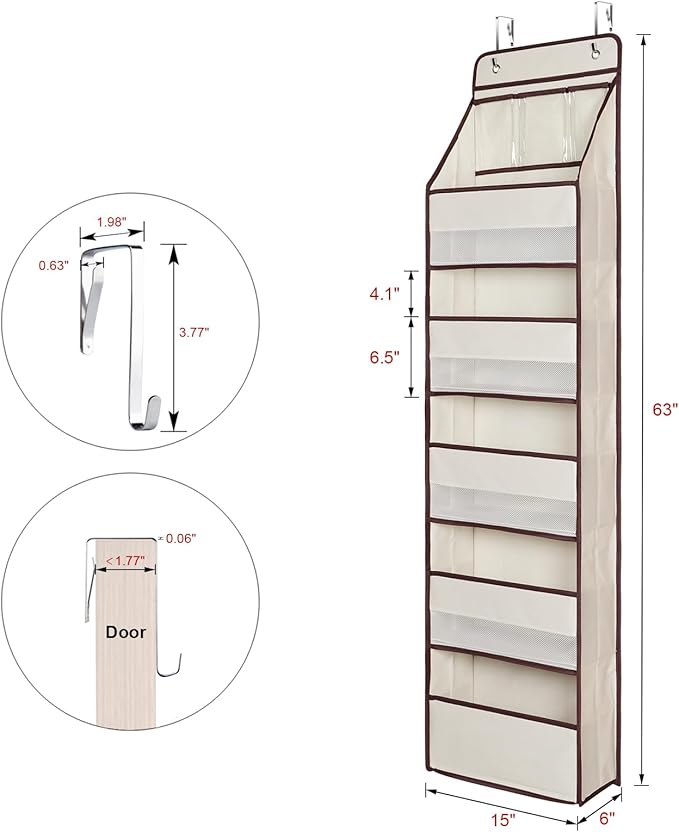 Univivi 6-Shelf Over Door Hanging Organizer Fabric Baby Door Storage with 5 Large Pockets and 3 Small PVC Pockets Wall Mount Hanging Storage Organizers for Baby Essential (Beige)