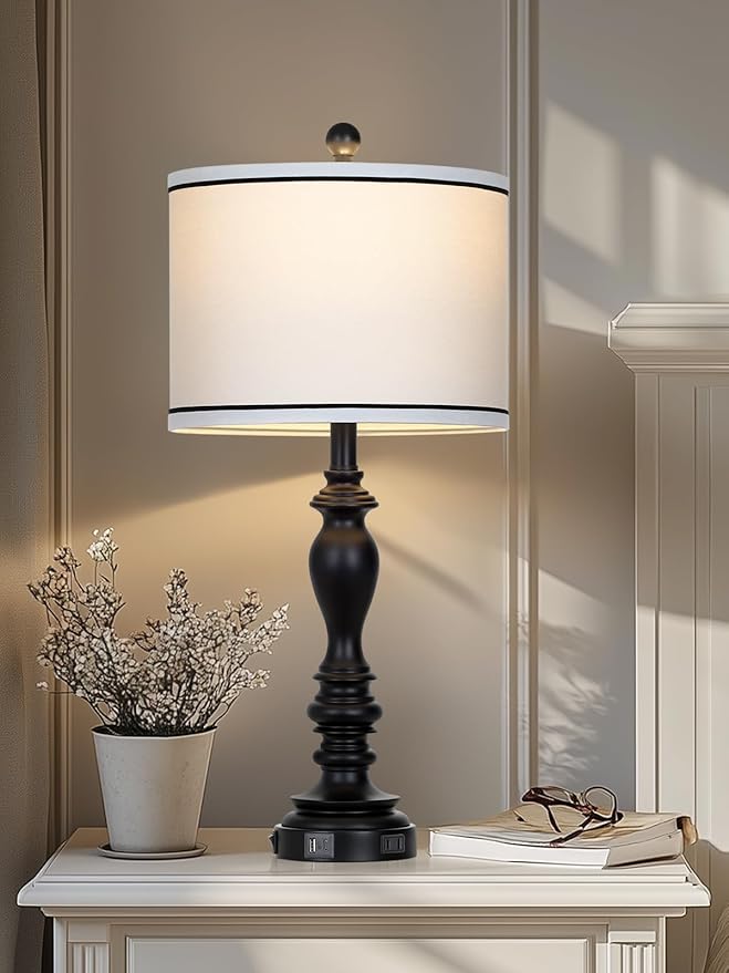 28" Set of 2 Farmhouse Table Lamps for Living room, Bedside Lamp with USB C+A Ports & AC Outlets, Black Vintage End Table Lamps for Bedrooms, Nightstand Lamps Fabric Shades Rustic 2 LED Bulbs Included