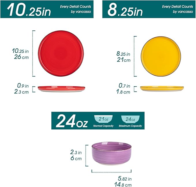 vancasso Bonita Stoneware Dinnerware Sets, 12 Pieces Dishes Set，Polished Round Plates and Bowls Set for 4, Dishwasher and Microwave Safe, Multicolor