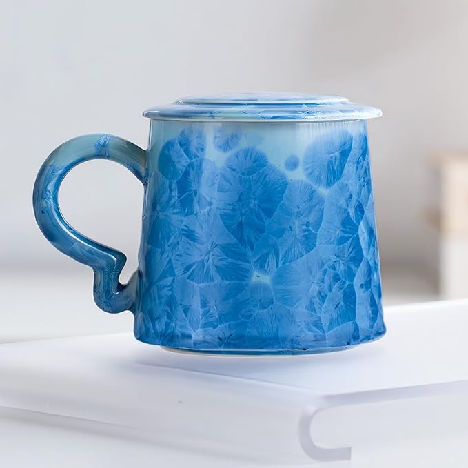 Coffee Mug with Lid, Porcelain Tea Cups Set of 2, 11oz Covered Crystalline Glaze Espresso Mugs, Ceramic Demitasse for Coffee, Cappuccino, Latte, Americano, Tea, Water (Deep Blue and Light Blue)