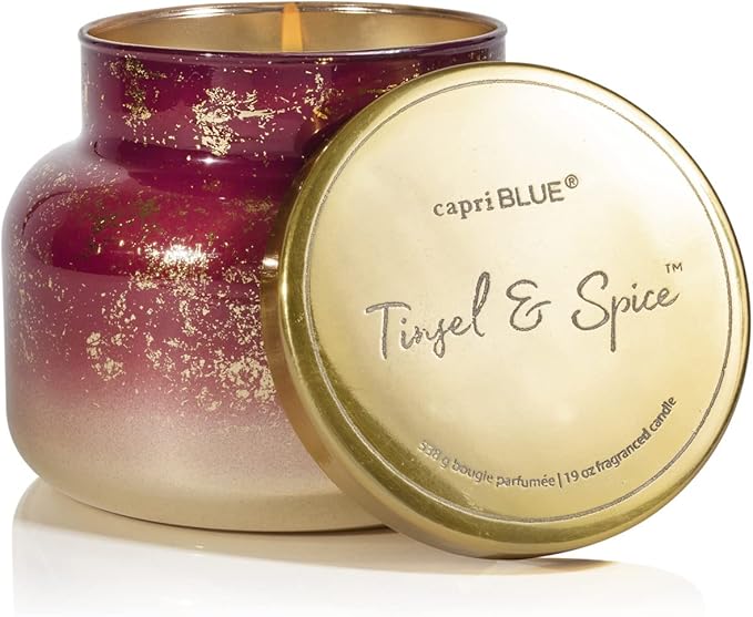 Capri Blue Glimmer Jar Candles - Luxury Holiday Scented Candles for Home - Long Lasting Soy Wax Blend - Scented Holiday & Home Decor - Tinsel & Spice Signature Jar (19 oz)