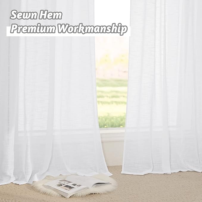 RYB HOME White Sheer Curtains 63 inches, Machine Washable Light Filtering Textured Short Curtains for Home Office Dormitory Sunroom Bathroom, W 42 x L 63 inches, 2 Panels Set