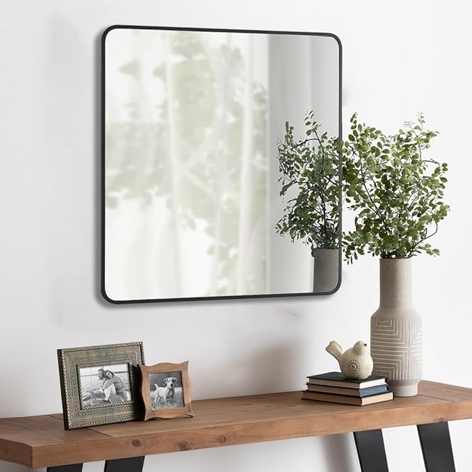 30"x30" Bathroom Wall Mirror with Matte Black Metal Frame & HD Glass, Copper-Free Mirrors Modern Rectangle Round Corner Framed Vanity Mirror - Horizontal or Vertical Installation