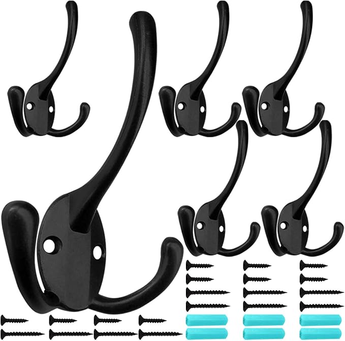 IBosins 6 Pack Big Heavy Duty Three Prongs Coat Hooks Wall Mounted with 24 Screws (Two Types of Screws Included) Retro Double Utility Rustic Hooks for Thick Coat, Big Heavy Bags (6 Pack)