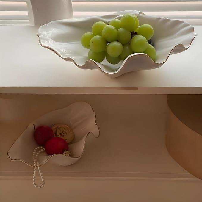 White Shell Decorative Bowl – 7.9" Resin Clam Shell with Gold Rim, Coastal Centerpiece for Bathroom Vanity, Entryway, or Living Room, Jewelry Holder, Key Tray, Fruit Bowl, Beach House Decor