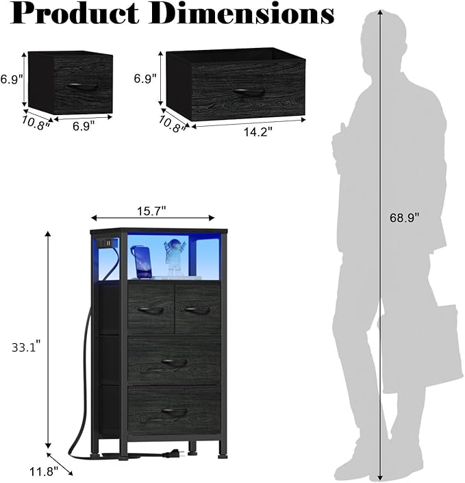 Furnulem Tall Night Stand with Charging Station and Led Light, Small Dresser with Open Shelf and 4 Storage Drawers, Black Side Table Fabric Nightstand for Bedroom, Entryway, Bedside Furniture