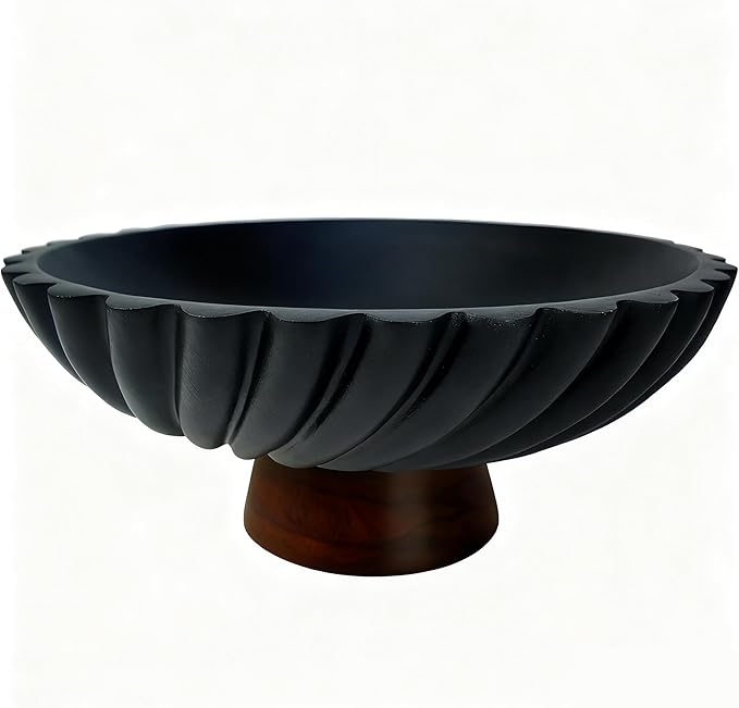 Black Concrete Bowl with Wooden Base, Modern Decorative Fruit Bowl for Table Centerpiece, Living Room or Kitchen Decor