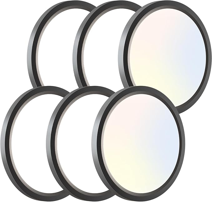 zemty 6Pack LED Ceiling Light Fixture 6.5 Inch, 12W 1200lm Ceiling Mount Light Fixtures, Adjustable 3000K 4000K 6500K, Round Flat Ceiling Lamp for Bathroom Closet Hallway Laundry (Black)