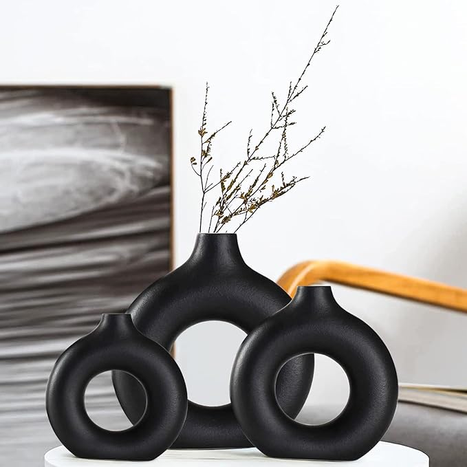 Black Ceramic Vases -for Modern Home Decor,Black Round Vase Set 3 Matte Design Minimalist Nordic Boho Style for Wedding Dinner Table Living Room Office Bedroom, Decorative Gift