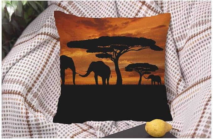 WONDERTIFY Throw Pillow Cover Case African Animal Elephants Family Walk Sunset,Soft Linen Pillow Case for Decorative Bedroom/Livingroom/Sofa/Farm House,Couch Pillow Cushion Covers 18x18 Inch 45x45 cm