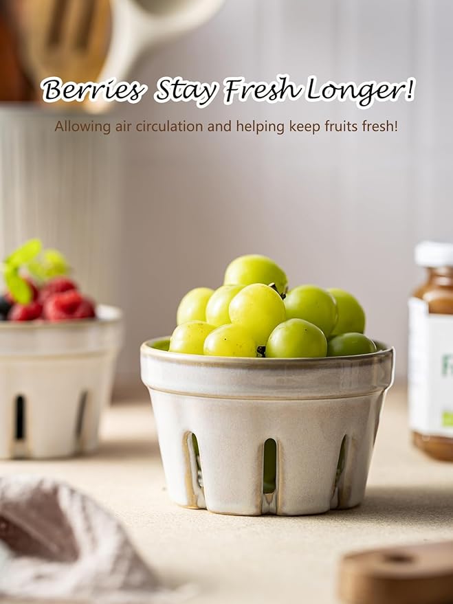 Gomakren Ceramic Fruit Basket Set of 2, Round Fruit Bowl with Holes, Small Berry Basket Containers for Kitchen Counter, Berries, Strawberry, Grape, Cherry, White