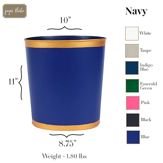 Jaye's Studio Mattie Line, Oval Wastebasket & Garbage Bin, Gold Trim & Finish, Hand-Painted, Handcrafted Metal, Trash Bin for Bedroom, Office, Bathroom, 12" x 10" x 8" (Navy)
